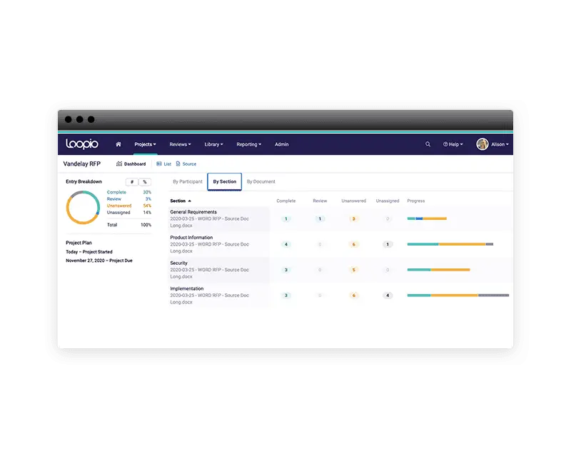 Loopio's RFP automation software dashboard