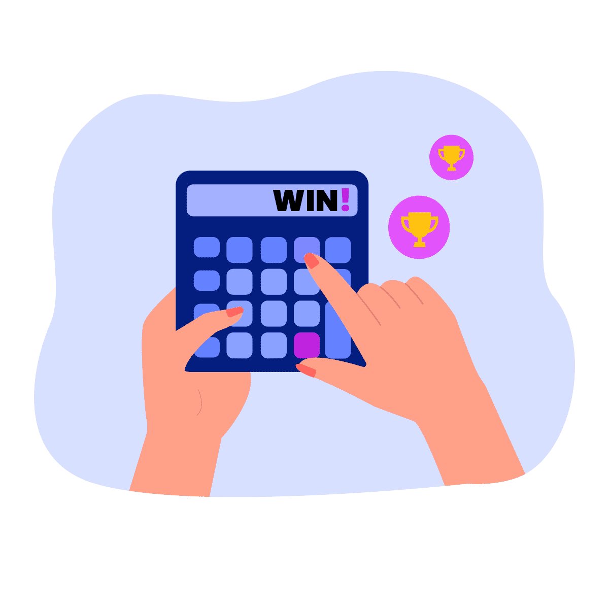 Hands typing on calculator with win in the display.