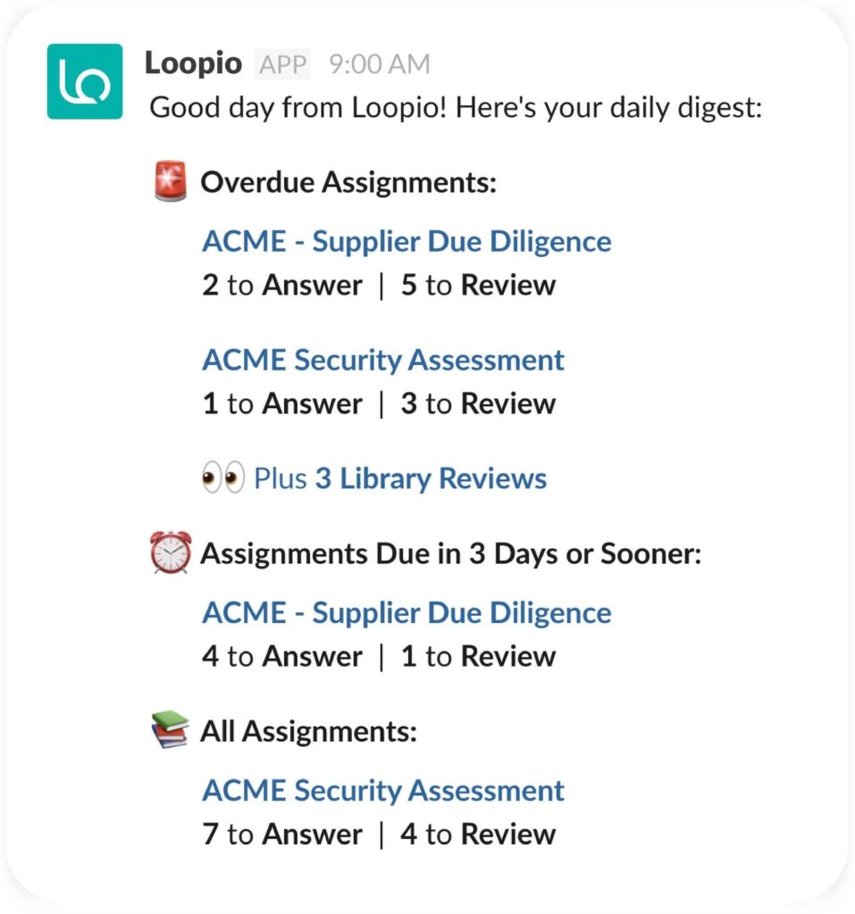 Slack notification showing a summary of assignments (overdue, coming due, and all others).