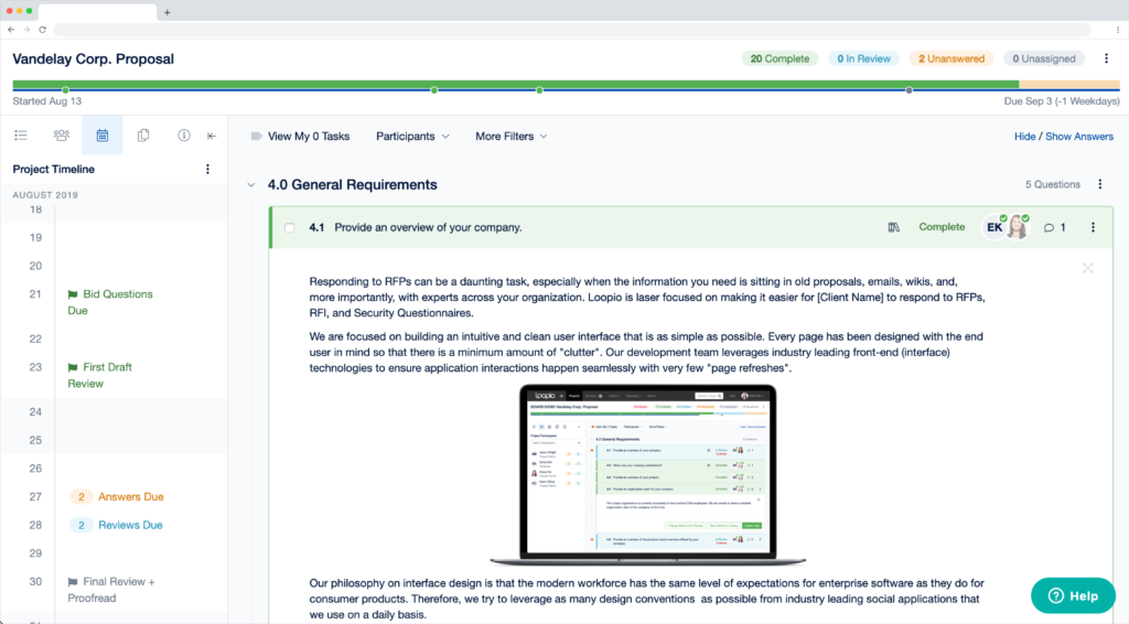 Vandelay Corp. Proposal working in Loopio to respond to an RFP.