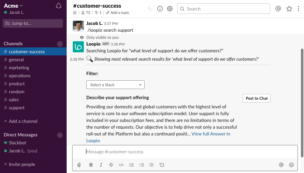 Search of the Loopio library happening within Slack.