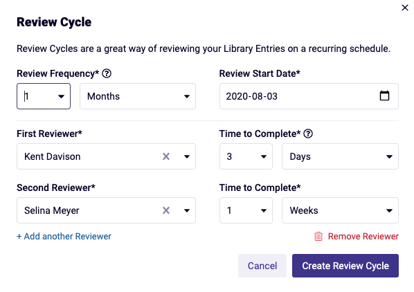Review Cycle settings in Loopio: Review frequency, First Reviewer, Second Reviewer, Review Start Date, Time to Complete