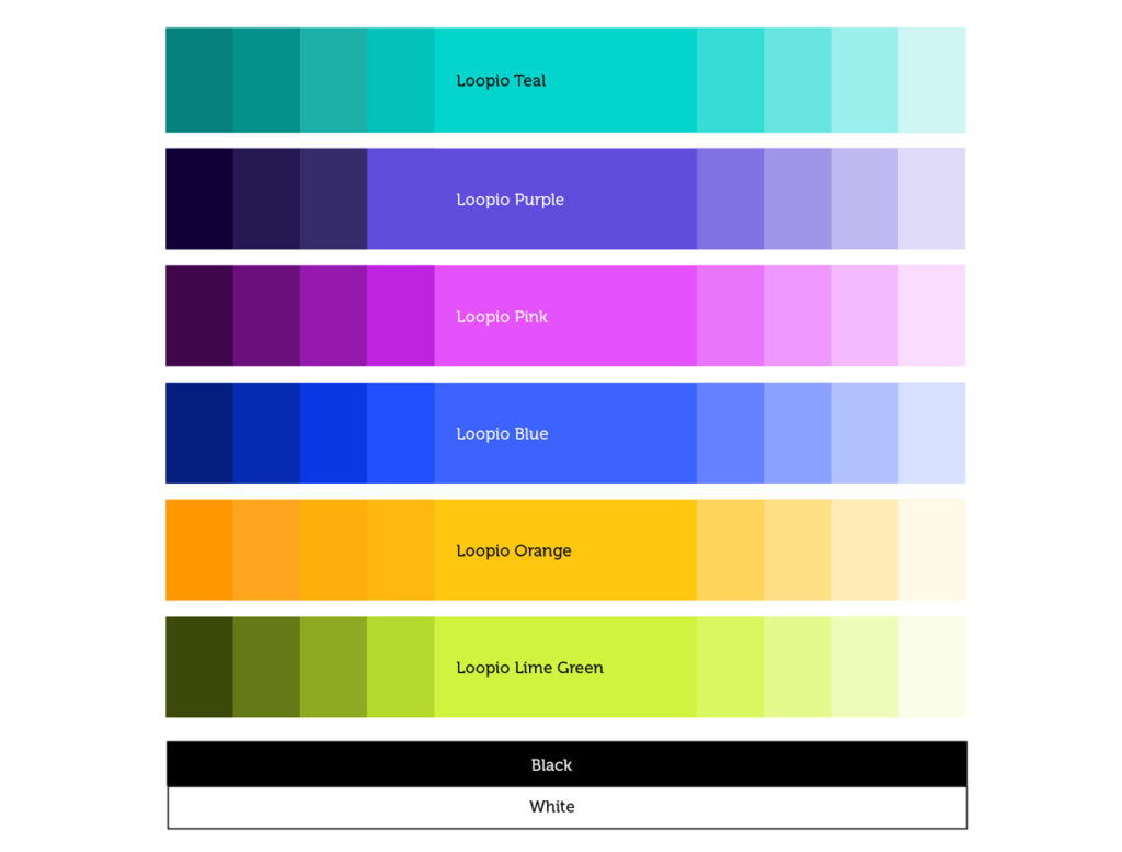 Loopio's brand colours: teal, purple, pink, blue, orange, lime green, black, and white. 