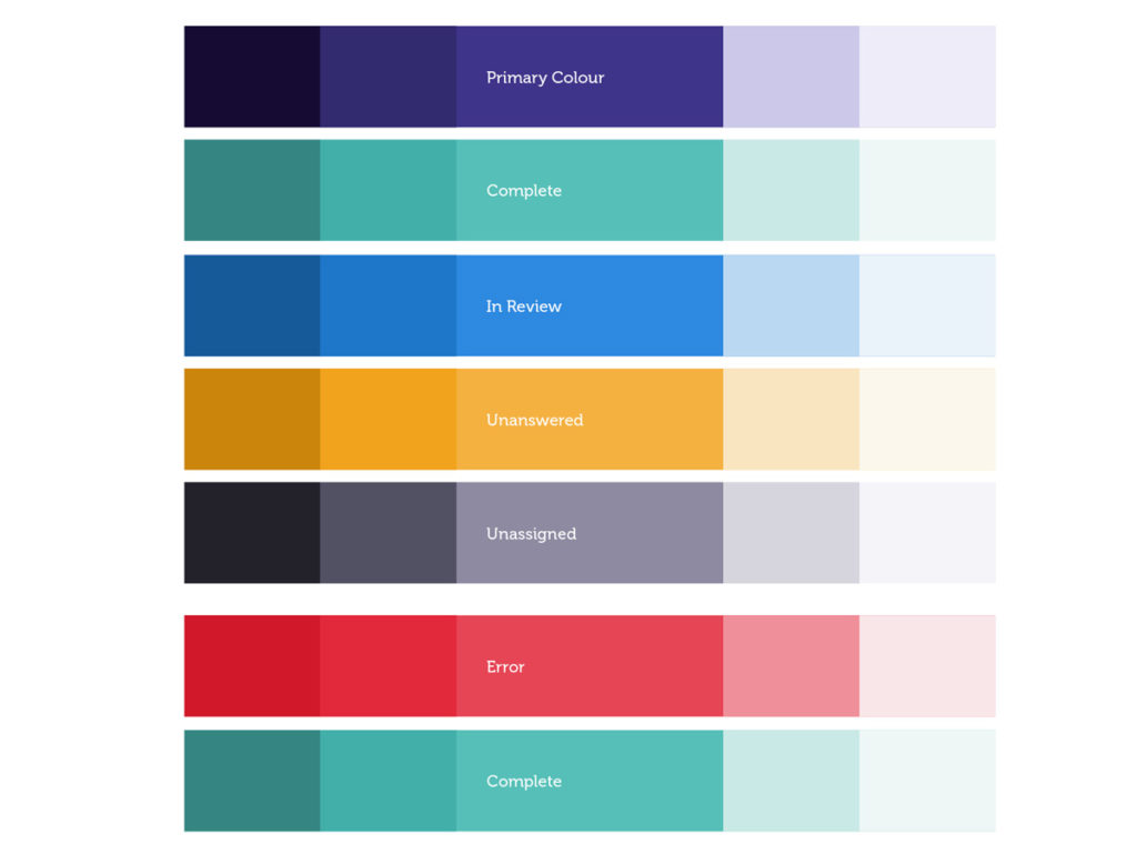 Loopio's platform UI colours: purple - primary, teal - complete, blue - in review, orange - unanswered, grey - unassigned, red - error