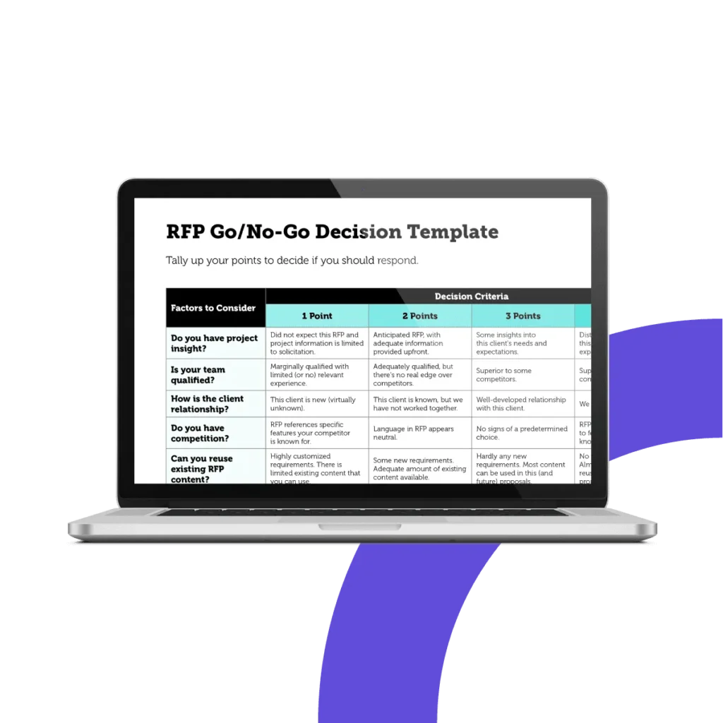 RFP Go/No-Go Decision Template showcasing Factors to consider and Decision Criteria to evaluate an RFP.