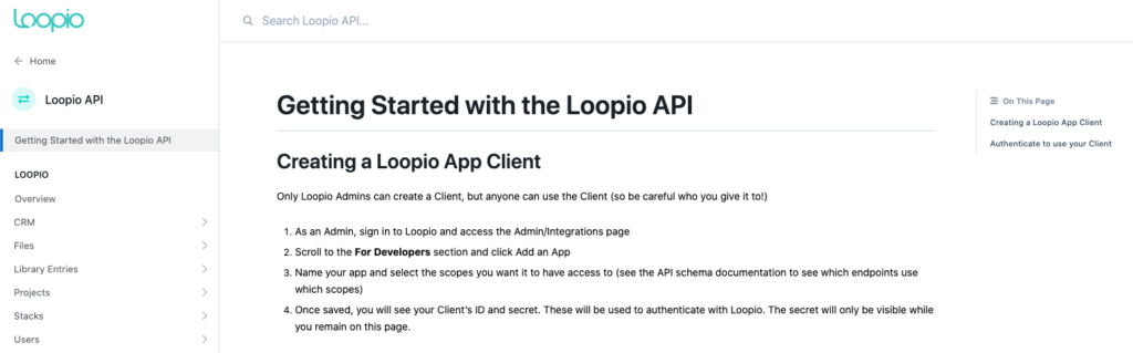 Documentation for Loopio's API: Getting started page