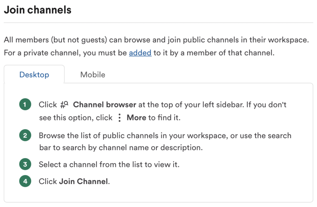 Instructions on Slack: how to search and join public channels.