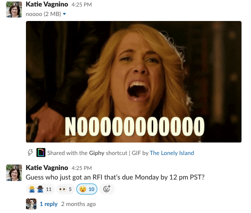 Katie Vagnino posts a message in the response Insiders community on Slack