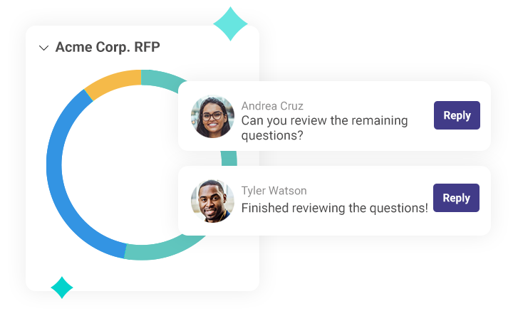 Illustration of a conversation between two Loopio users, in front of a pie chart