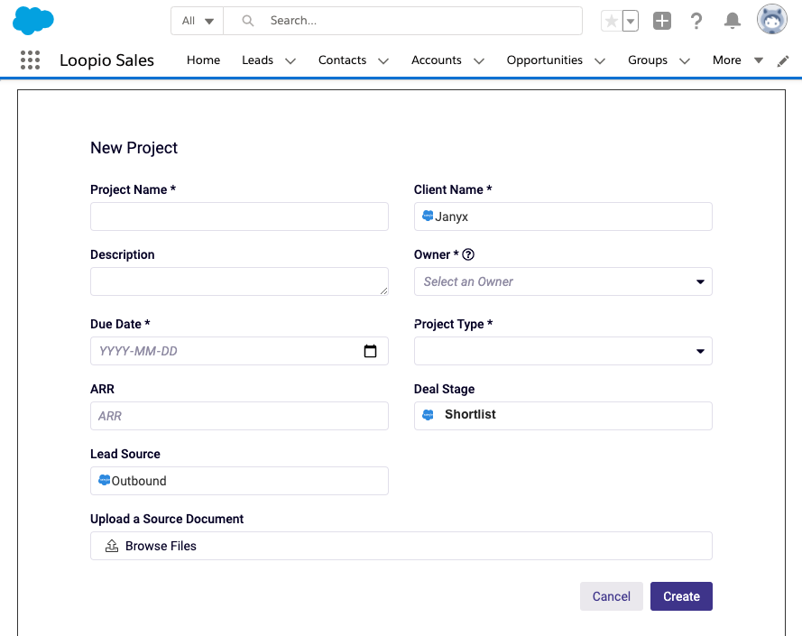 Loopio's Salesforce integration, new project at the Salesforce deal stage