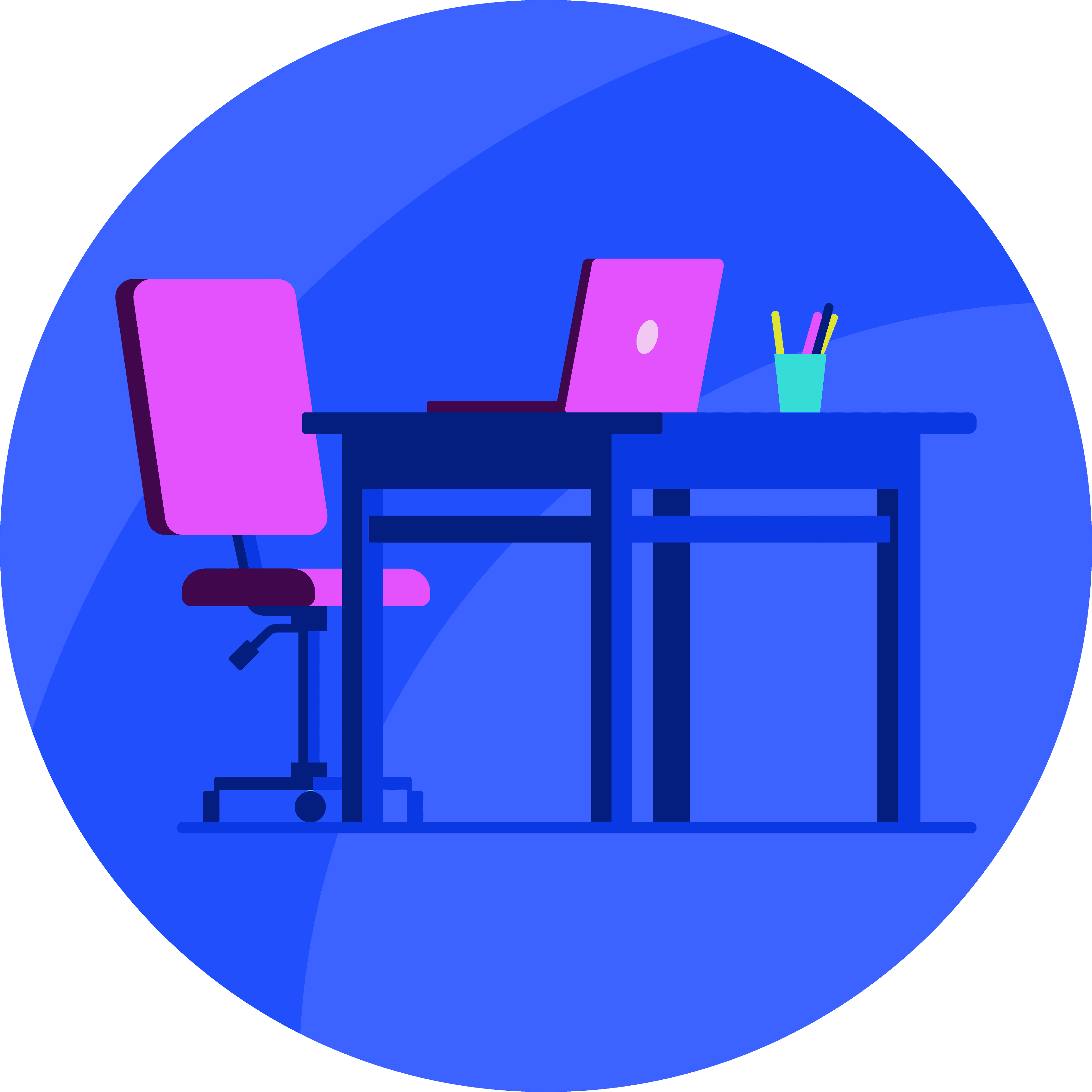A home office set up: an ergonomic chair, a desk with a laptop and a pencil holder on top of it.