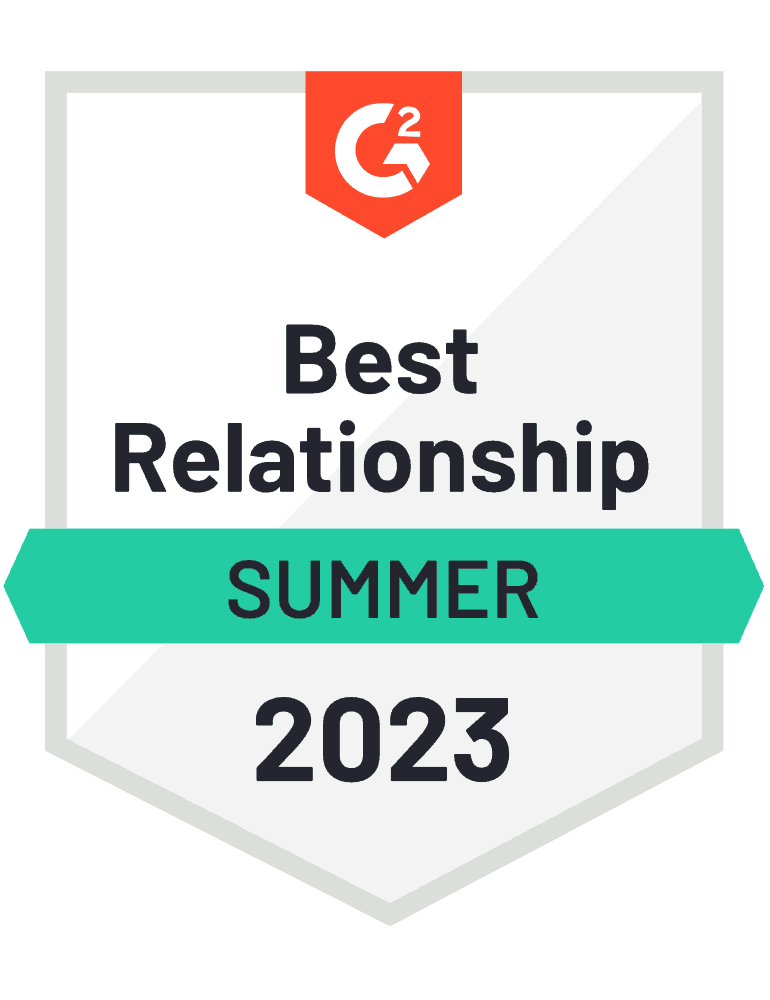 G2 badge for Best Relationship in summer 2023