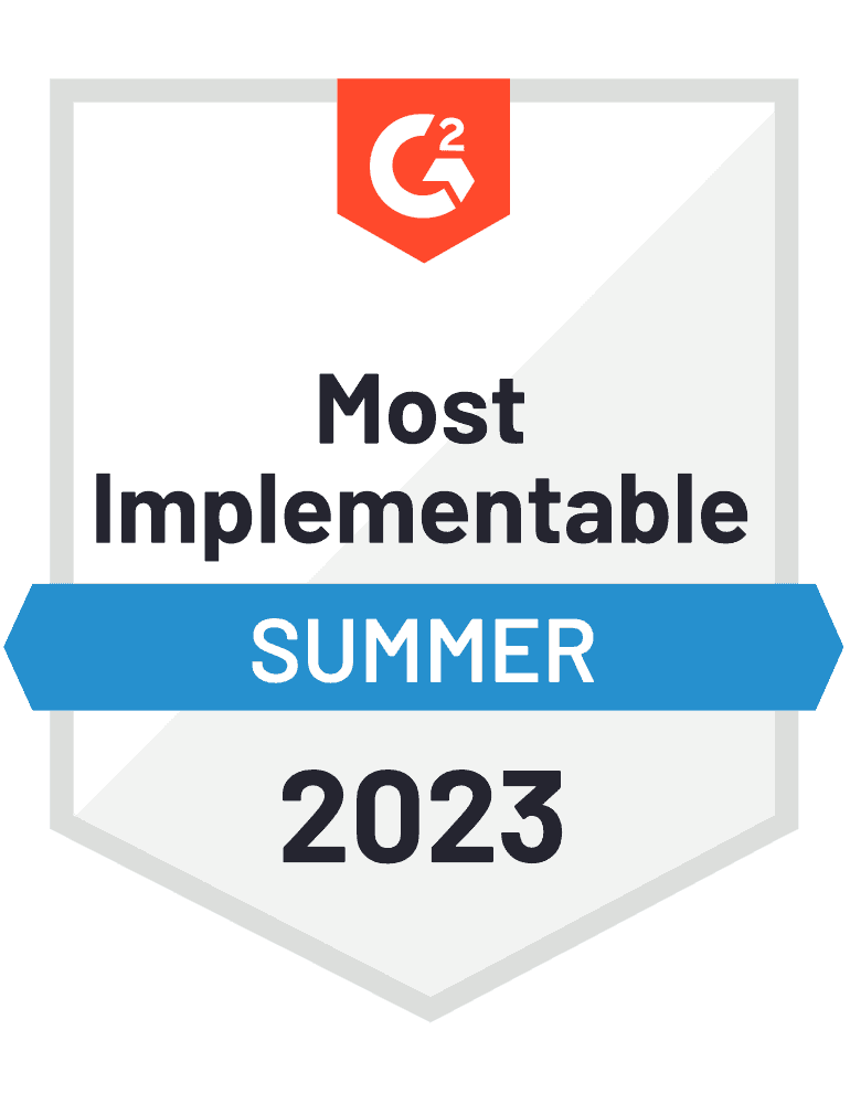 G2 badge for Most Implementable in summer 2023