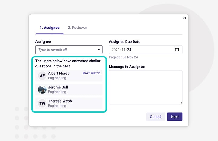 Loopio's content library Assignee modal is where users can assign questions, view who answered similar questions before, and set a due date.