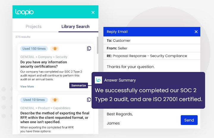 Loopio product UI of library search functionality.