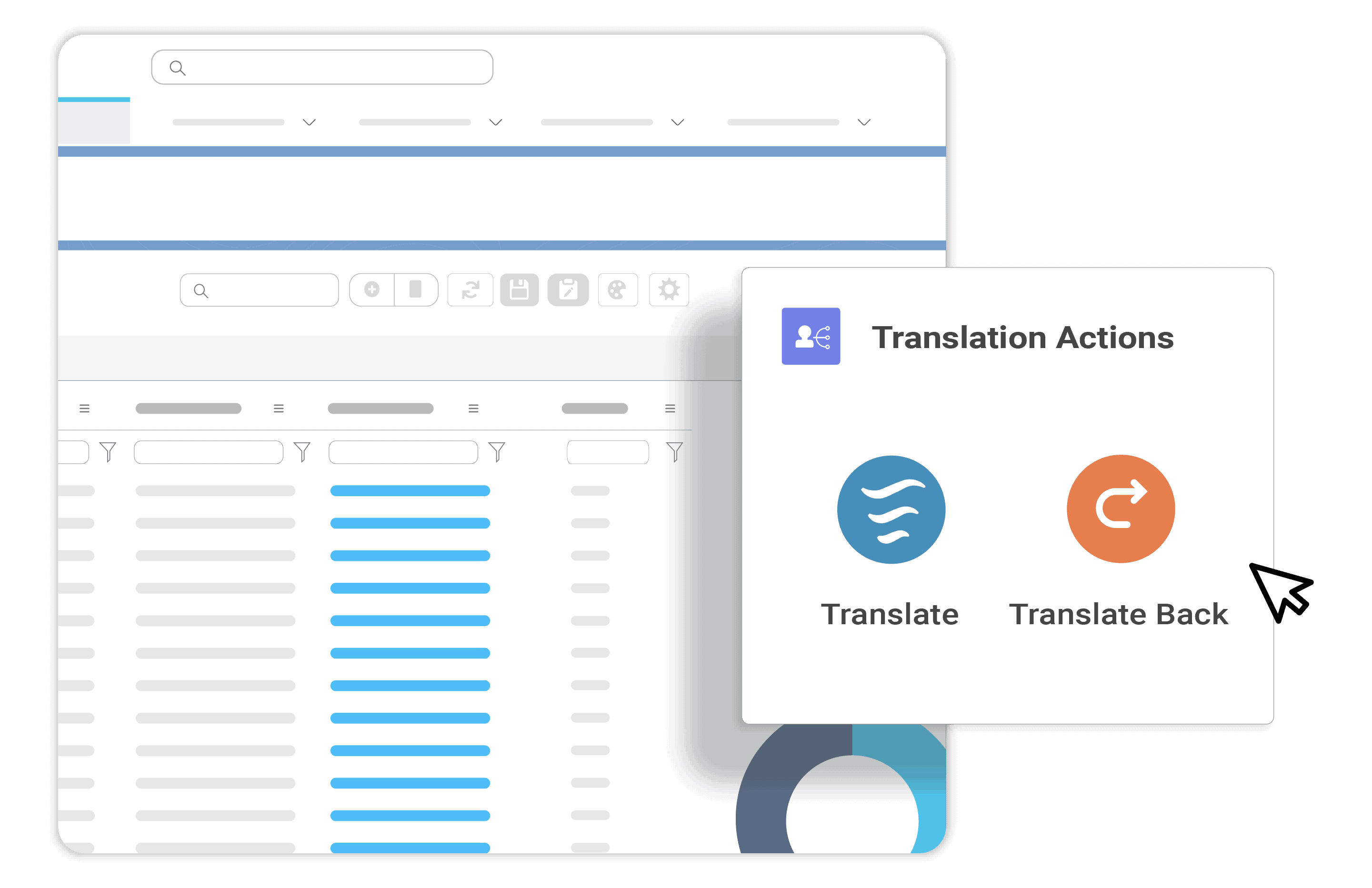 Loopio for Salesforce® Translation Actions feature showcasing the options for Translate and Translate Back.