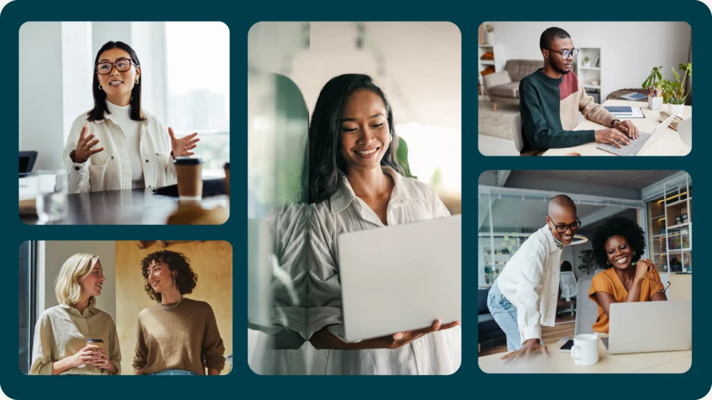 Five photography examples showcasing Loopio's new brand style, with warm, diverse images of professionals working at their computers or collaborating in an office setting.