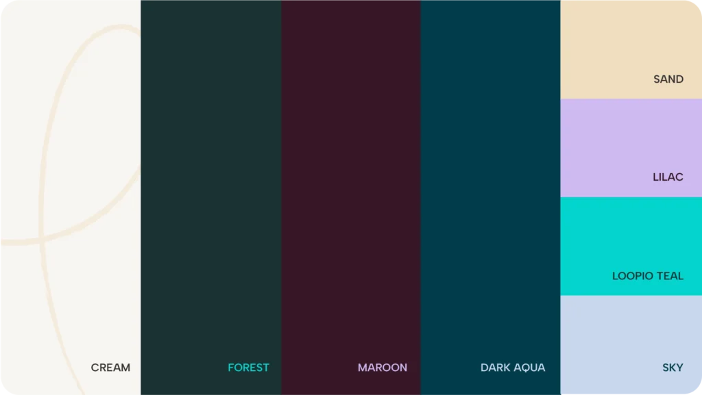 Four columns with Loopio's new foundational colors: cream, forest green, maroon, and dark aqua on the left. On the right are small stacked squares in the final column showcasing Loopio's highlight colors: sand (beige), lilac, Loopio Teal, and sky blue.