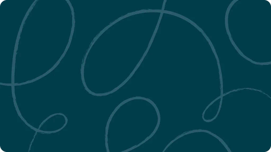 A dark aqua blue background with sky blue swirls of the redesigned Loopio loops stretching across the image. Some loops are smaller and tighter and others are larger and looser.