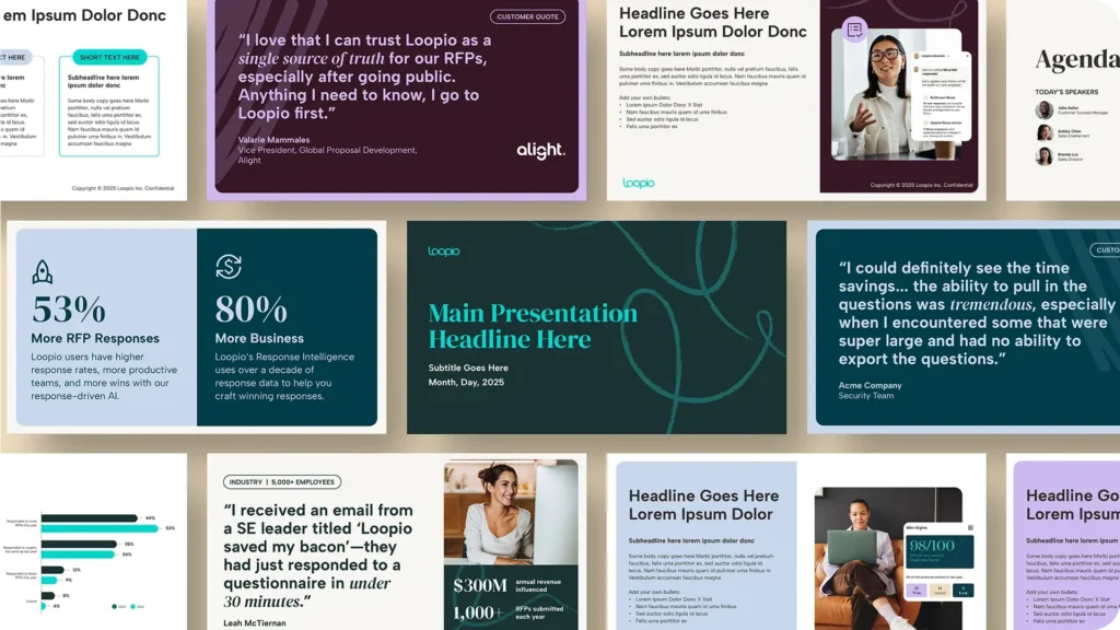A slide showing mockups of Loopio's new branding in 11 different styles for various forms of communications, such as presentation decks with placeholder text, and customer testimonials. The mockups show different typefaces used in presentations, as well as slides with our new photography style.